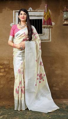 Cream woven banarasi silk saree with blouse 1