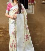 Cream woven banarasi silk saree with blouse