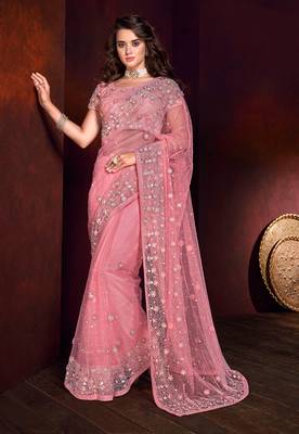 Pink embroidered net saree with blouse 1