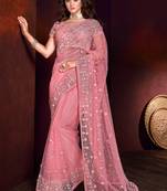 Pink embroidered net saree with blouse