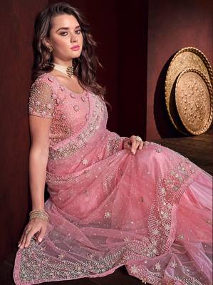 Pink embroidered net saree with blouse 2