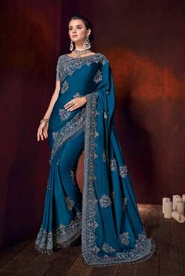 Blue embroidered satin saree with blouse 1