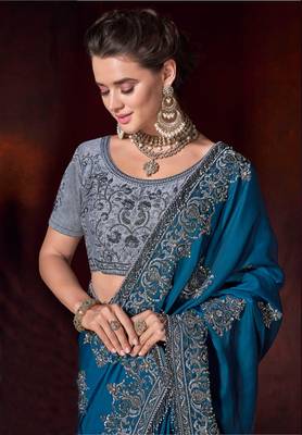Blue embroidered satin saree with blouse 2