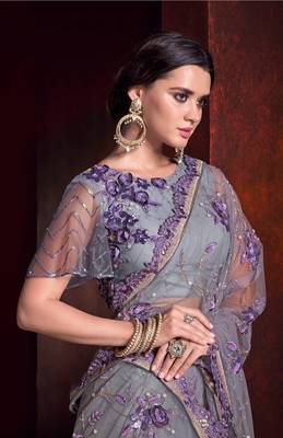 Purple embroidered net saree with blouse 2