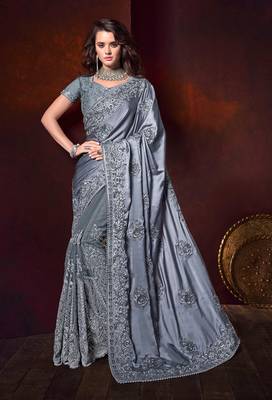 Grey embroidered satin saree with blouse 1