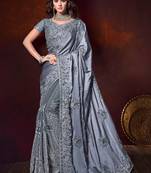 Grey embroidered satin saree with blouse