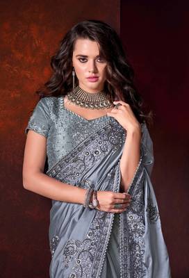 Grey embroidered satin saree with blouse 2