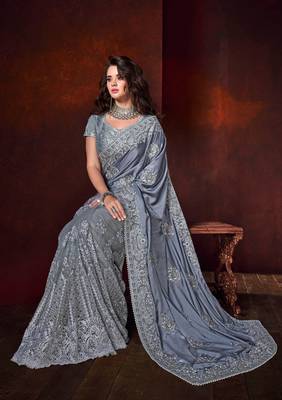 Grey embroidered satin saree with blouse 3