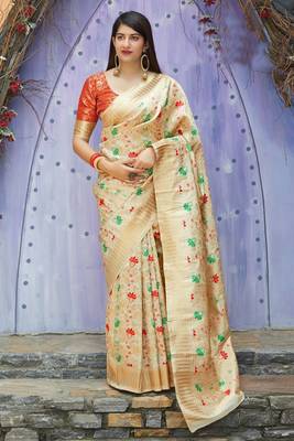 Cream woven banarasi silk saree with blouse 1