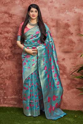 Sky blue woven banarasi silk saree with blouse 1
