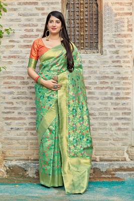 Light parrot green woven banarasi silk saree with blouse 1