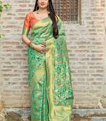 Light parrot green woven banarasi silk saree with blouse