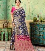 Blue woven banarasi silk saree with blouse