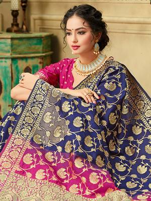 Blue woven banarasi silk saree with blouse 2
