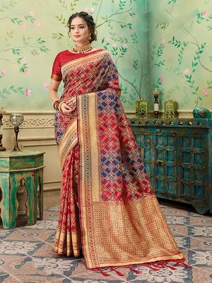 Maroon woven banarasi silk saree with blouse 1