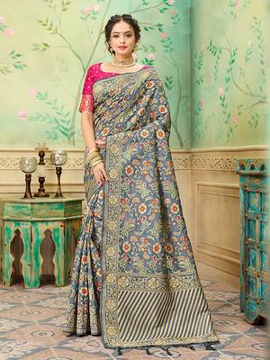 Grey woven banarasi silk saree with blouse 1
