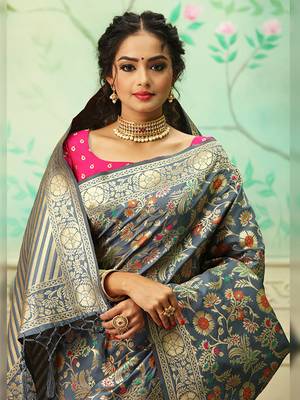 Grey woven banarasi silk saree with blouse 2