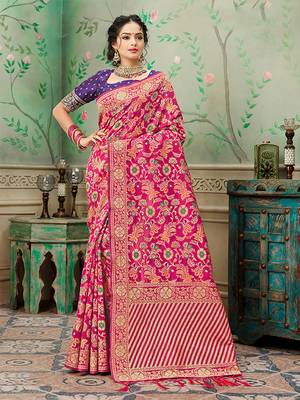 Rani pink woven banarasi silk saree with blouse 1