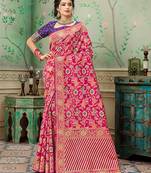 Rani pink woven banarasi silk saree with blouse
