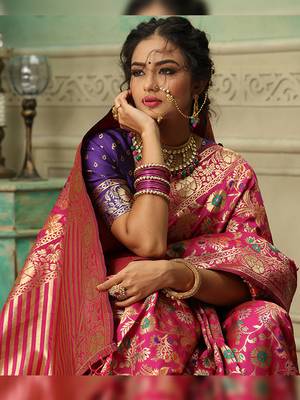 Rani pink woven banarasi silk saree with blouse 2