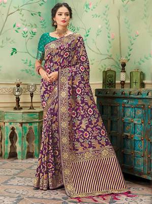 Wine Woven Banarasi Silk Saree With Blouse 1