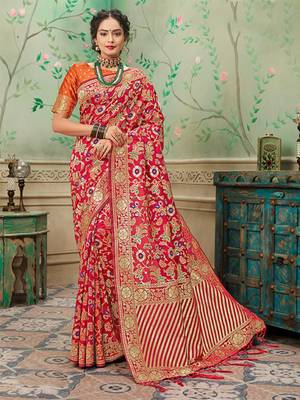 Red woven banarasi silk saree with blouse 1