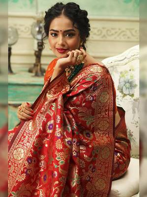 Red woven banarasi silk saree with blouse 2