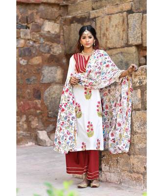 maroon block print cotton kurta sets 1