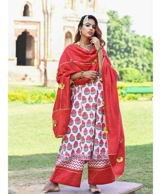 red block print cotton kurta sets 1