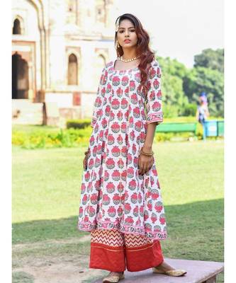 red block print cotton kurta sets 2