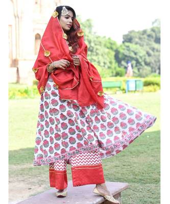 red block print cotton kurta sets 5