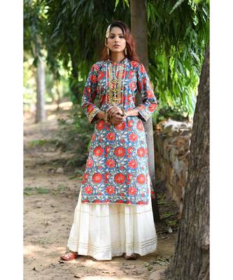 red block print cotton kurta sets 2