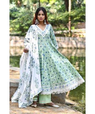green block print cotton kurta sets 1