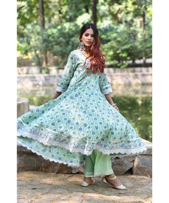 green block print cotton kurta sets 2