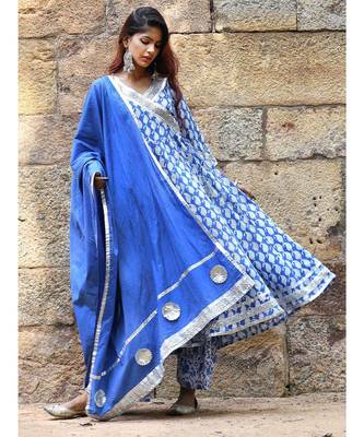 blue block print cotton kurta sets 1