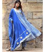 blue block print cotton kurta sets
