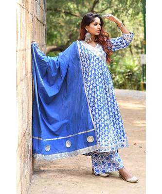 blue block print cotton kurta sets 2