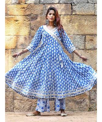 blue block print cotton kurta sets 3