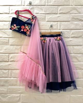 Blue And Pink Thread Work Net Lehenga With Attached Dupatta 1