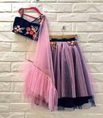 Blue And Pink Thread Work Net Lehenga With Attached Dupatta