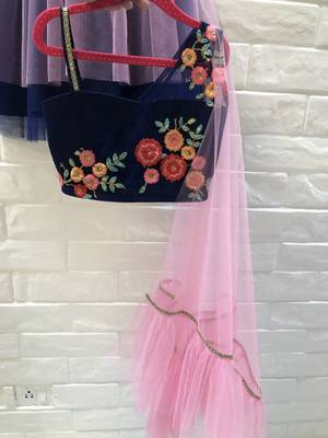 Blue And Pink Thread Work Net Lehenga With Attached Dupatta 2