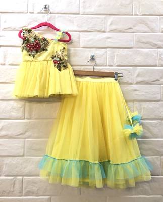 Lemon Yellow Zari Work Net Peplum Blouse And Skirt 1