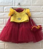 Red And Yellow Zari Ork Net Lehenga Silk Blouse Set