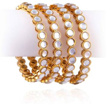 Traditional Ethnic Gold Plated Kundan White and Golden,Bangle Set Jewellery for Women and Girls. Set of Four Bangles. 4