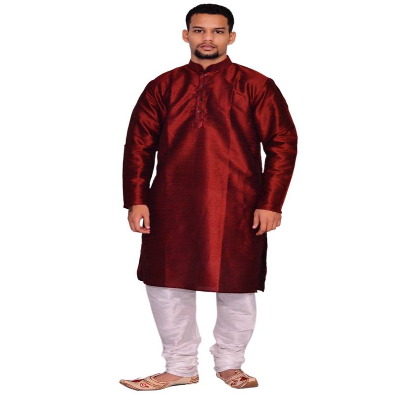 Men's Silk Maroon Kurta White Pajama Set