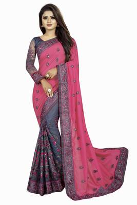Pink and Gray Net Embriodered Half-Half Saree With Blouse Piece. 1