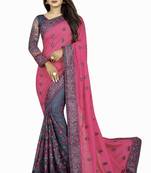 Pink and Gray Net Embriodered Half-Half Saree With Blouse Piece.