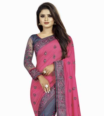 Pink and Gray Net Embriodered Half-Half Saree With Blouse Piece. 2