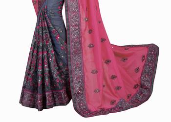 Pink and Gray Net Embriodered Half-Half Saree With Blouse Piece. 3