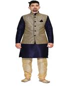 Men's Traditional Navy Blue  Kurta Gold Pajama With Black Jacket Set